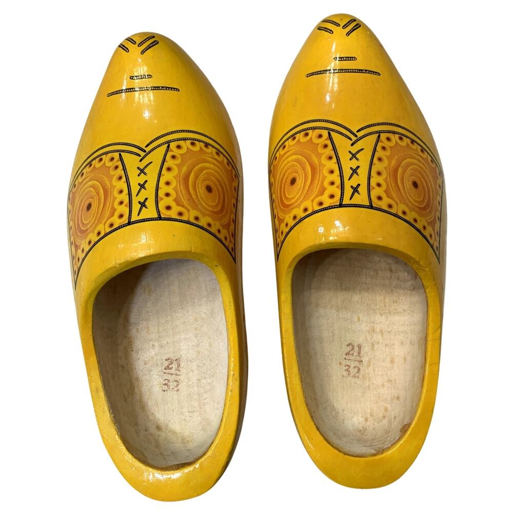 Hand Carved Holland Dutch Wooden Clog Shoes Yellow Vintage Painted Size 21/32